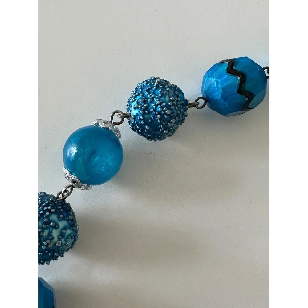 VTG Sugar Caged Beaded‎ Necklace Aqua Blue Horseshoe Pendant Crystals Hong Kong